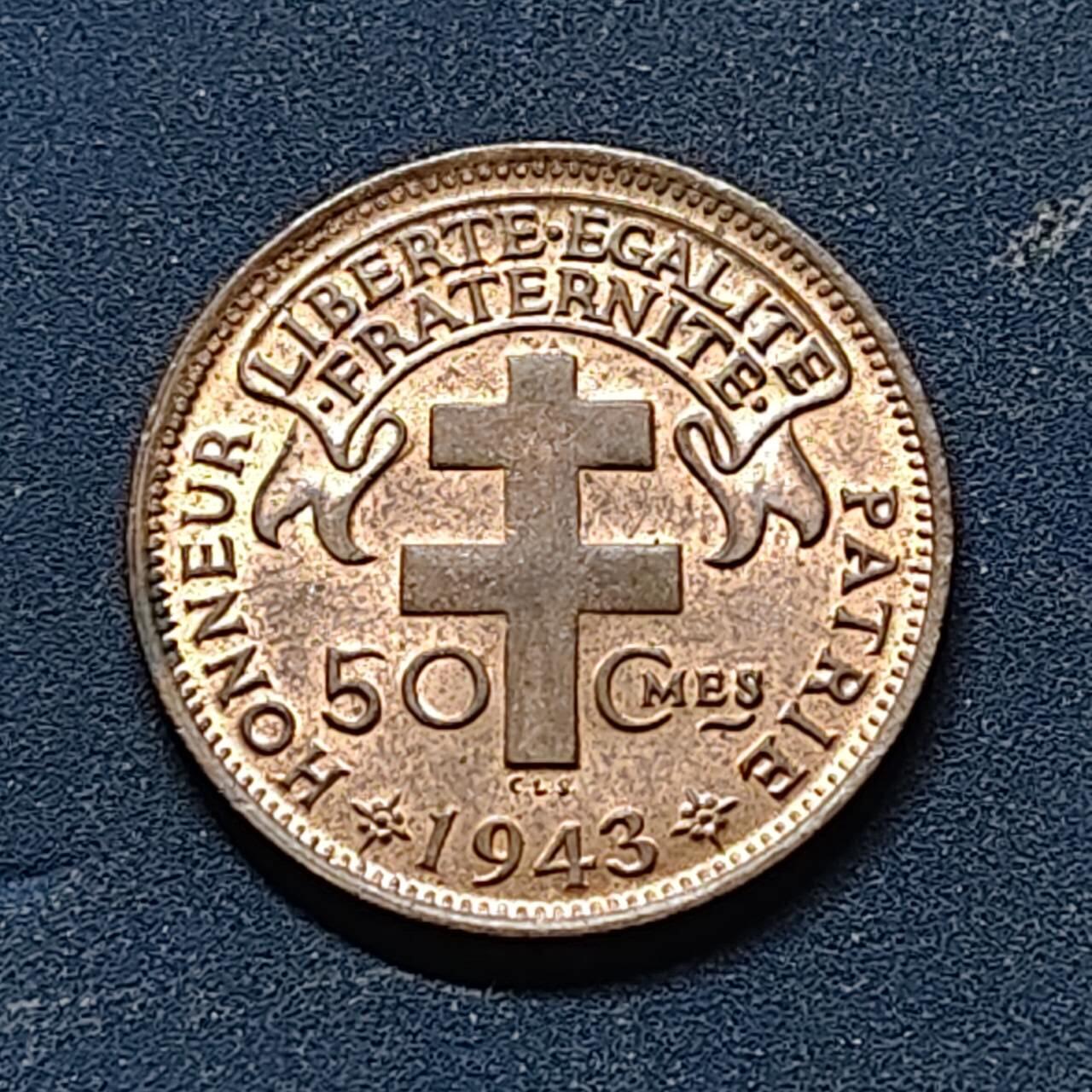 【全场包邮】纯粹捡漏拍513场 法属赤道非洲1943年50分铜币 UNC品相