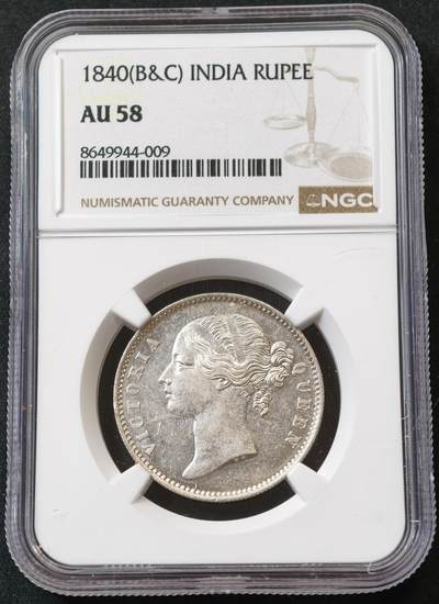 甄臻铺-世界币章拍卖（第55期），3月28日甄品场（直播拍卖）拍品征集中，送拍享返佣金等优惠多多 - NGC-AU58 1840年维多利亚英属印度卢比，小维头像