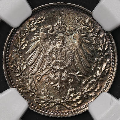 修遠堂世界钱币第108期 - NGC MS65 1915年德国1/2马克银币，E厂铭，黑彩