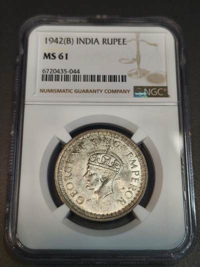 国内外机制币银元拍场 小精品场 - NGC-MS61 英属印度 1942年乔治六世1卢比银币B版孟买厂 转光未流通 NGC评级币
