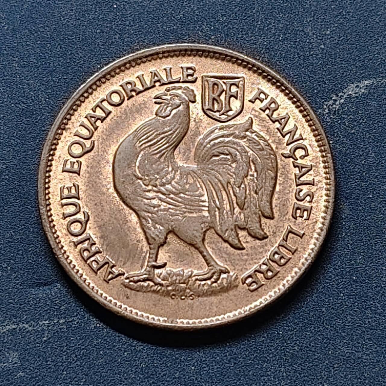 【全场包邮】纯粹捡漏拍513场 法属赤道非洲1943年雄鸡1法郎铜币 UNC品相