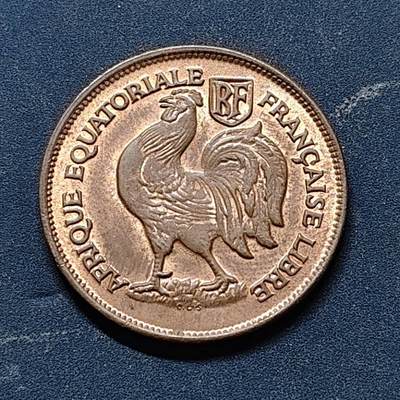 【全场包邮】纯粹捡漏拍513场 - 法属赤道非洲1943年雄鸡1法郎铜币 UNC品相