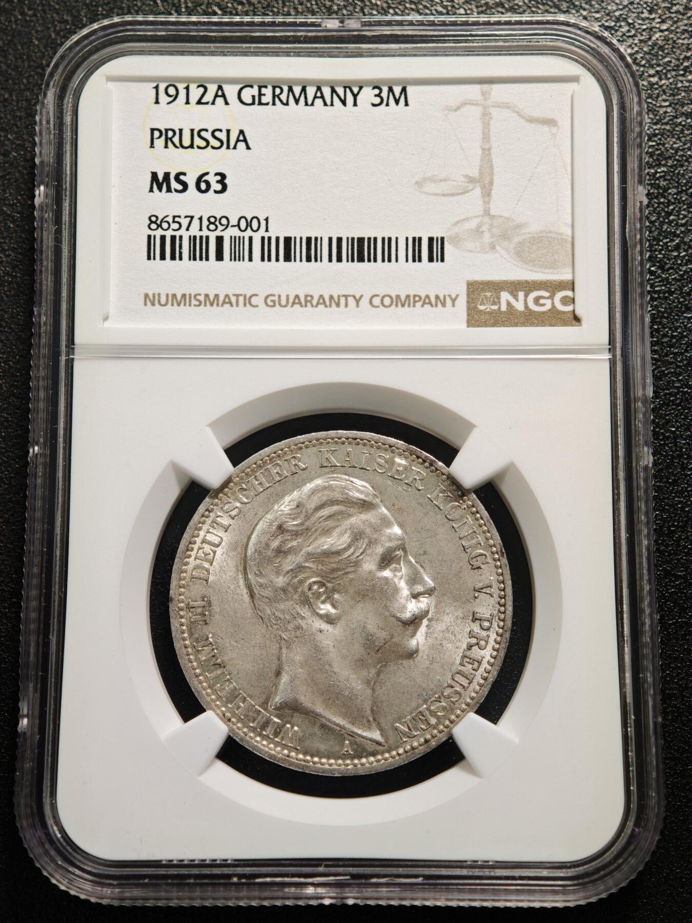【德藏】世界币章拍卖第168期（拍品征集中~欢迎藏友联系） 1912年 德国普鲁士威廉二世3马克银币 NGC MS63 原光极强