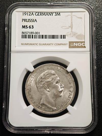 【德藏】世界币章拍卖第168期（拍品征集中~欢迎藏友联系） - 1912年 德国普鲁士威廉二世3马克银币 NGC MS63 原光极强
