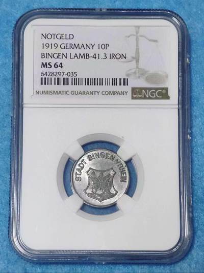 3月18日 🌏全球币章 - 稀品::1919年 德国 宾根市（莱茵河畔市级镇）10芬尼 铁质 紧急币 NGC-MS64
