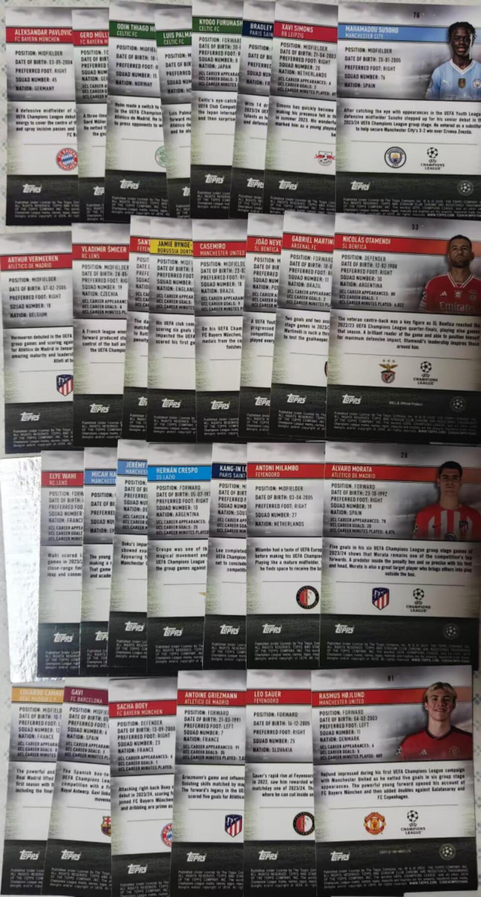 龙虎卡牌-七九场（满200元包邮，无佣金，每周六结拍，欢迎送拍） 30张 折射卡 Topps系列的欧冠足球球星卡，涵盖欧洲顶级联赛的豪门与劲旅球员，包含超一线球星、当红主力和潜力新秀，卡片带有欧冠赛事标识和“Kick”等系列专属元素，是欧冠收藏卡的经典品类。