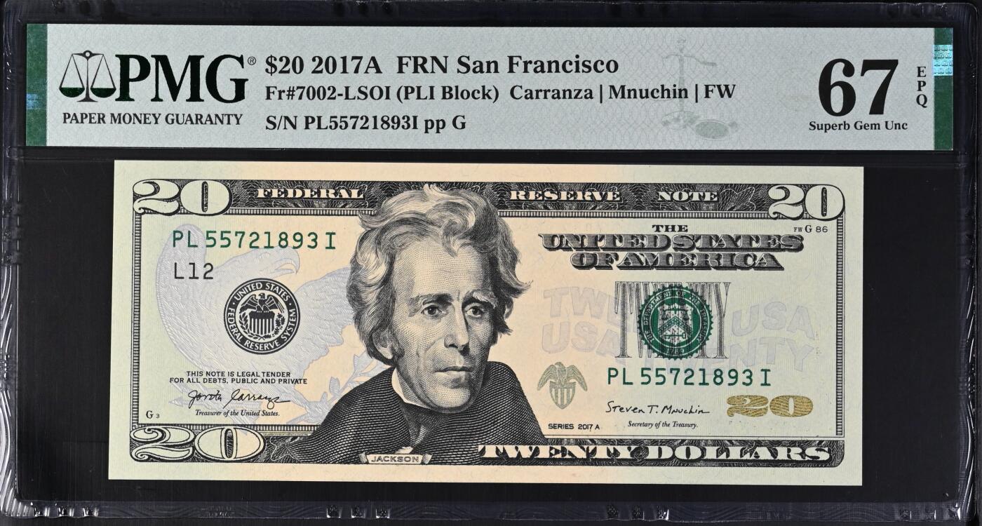 《艾美收藏》第237期-3.22周日外币强钞白金场 2017A年彩版20美元PMG67E亚军分无4 冠军68分仅6张
