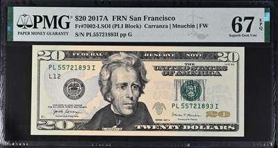 《艾美收藏》第237期-3.22周日外币强钞白金场 - 2017A年彩版20美元PMG67E亚军分无4 冠军68分仅6张
