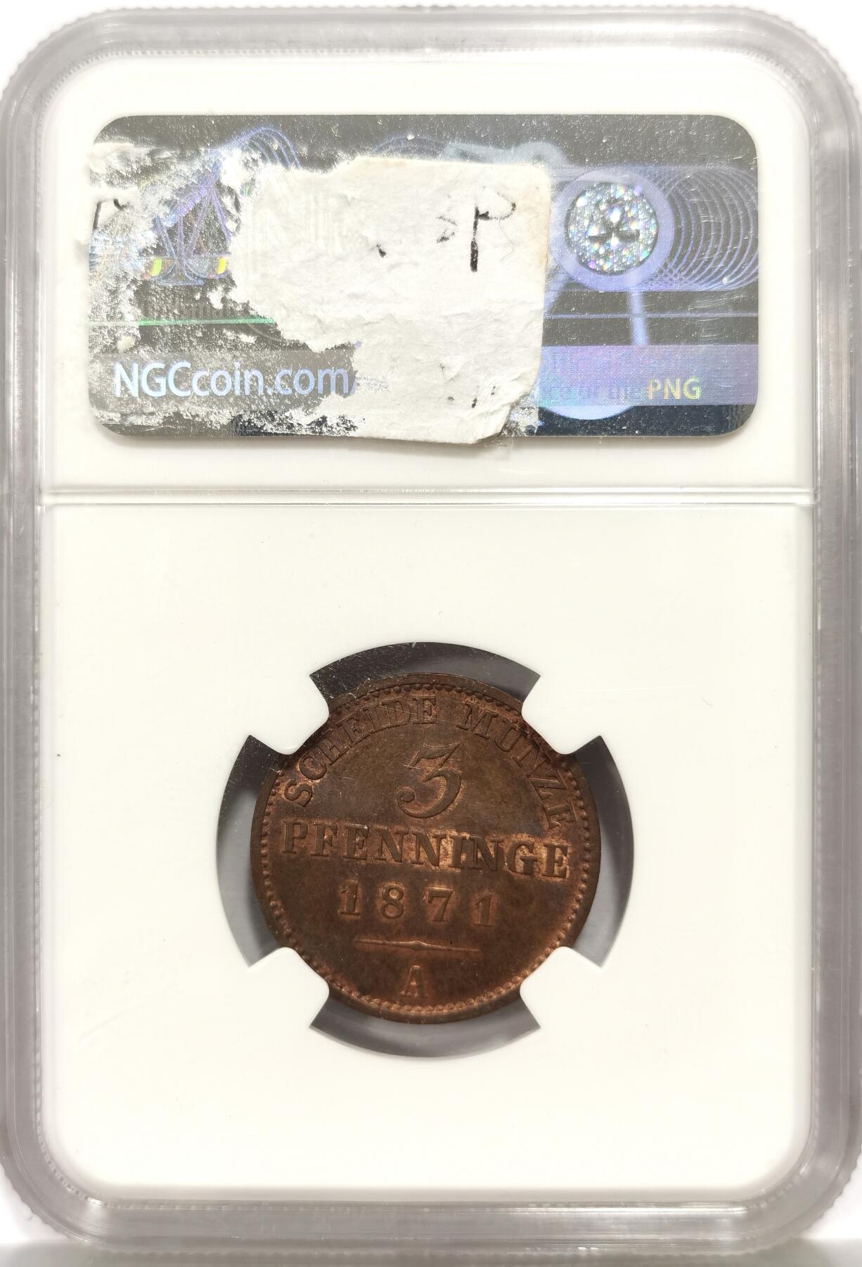 博洋堂世界钱币拍卖第165期（全场包邮） NGC MS64BN 德国普鲁士1871年3芬尼铜币
