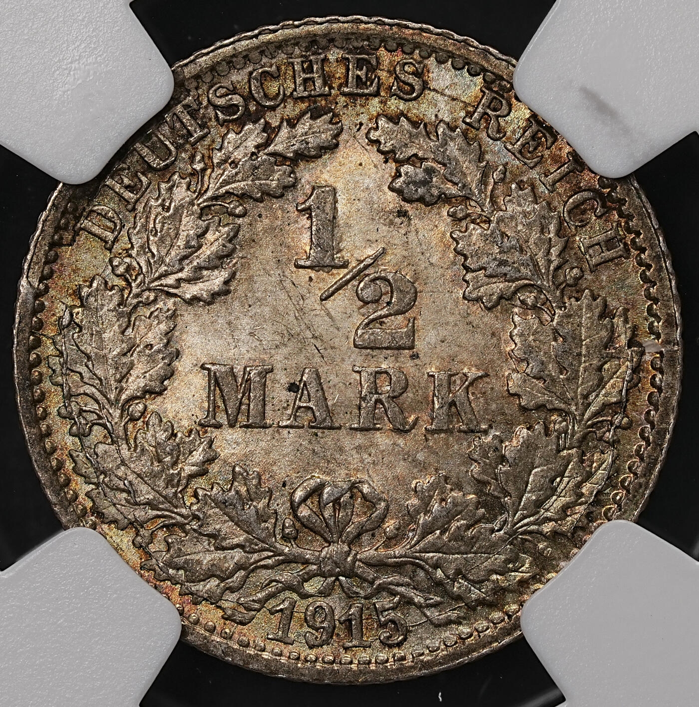 修遠堂世界钱币第108期 NGC MS64 1915年德国1/2马克银币，E厂铭，五彩