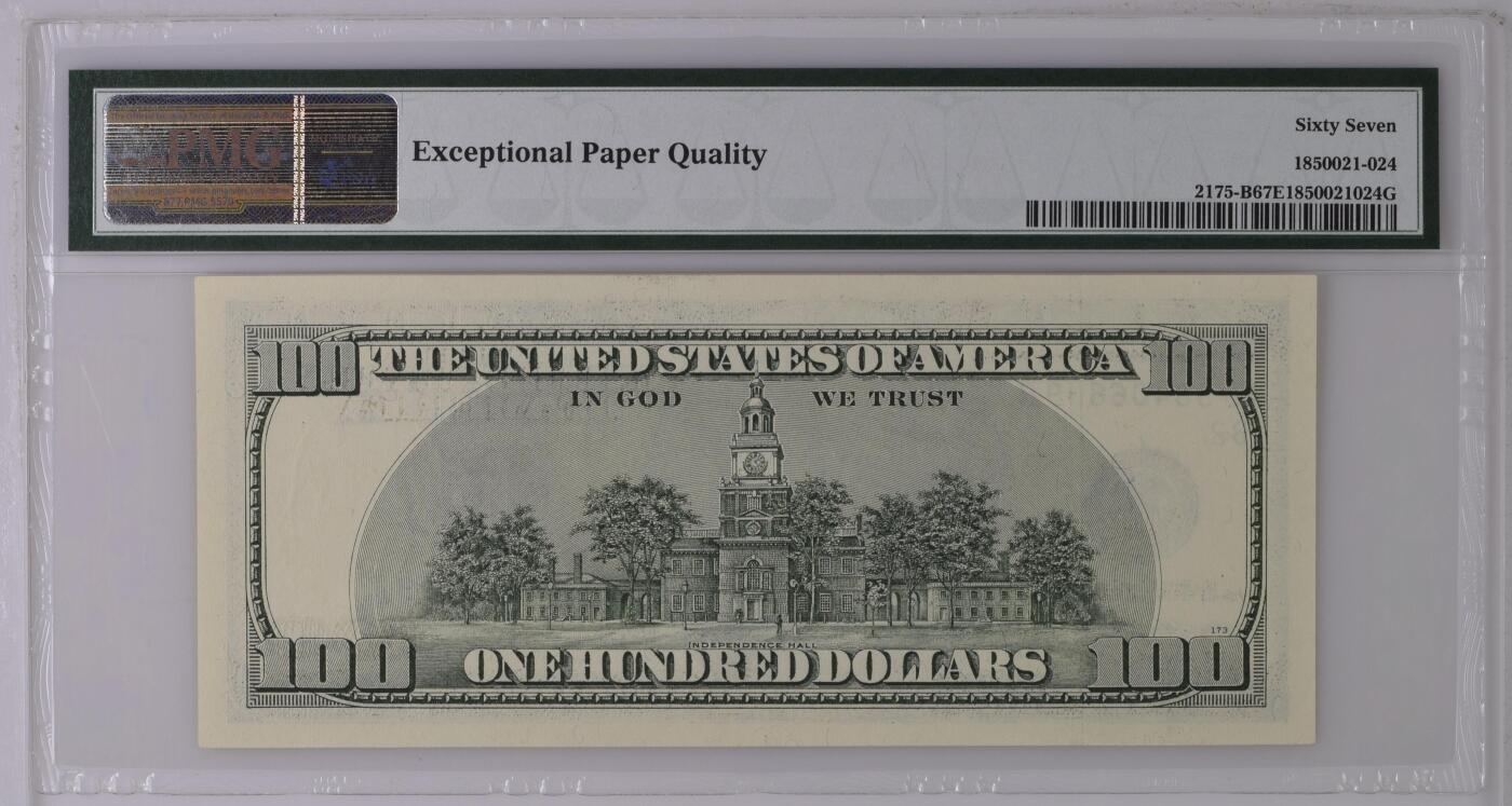 《艾美收藏》第237期-3.22周日外币强钞白金场 1996年大头版首发年份100美元PMG67E亚军分 冠军68分仅3张 老壳严评