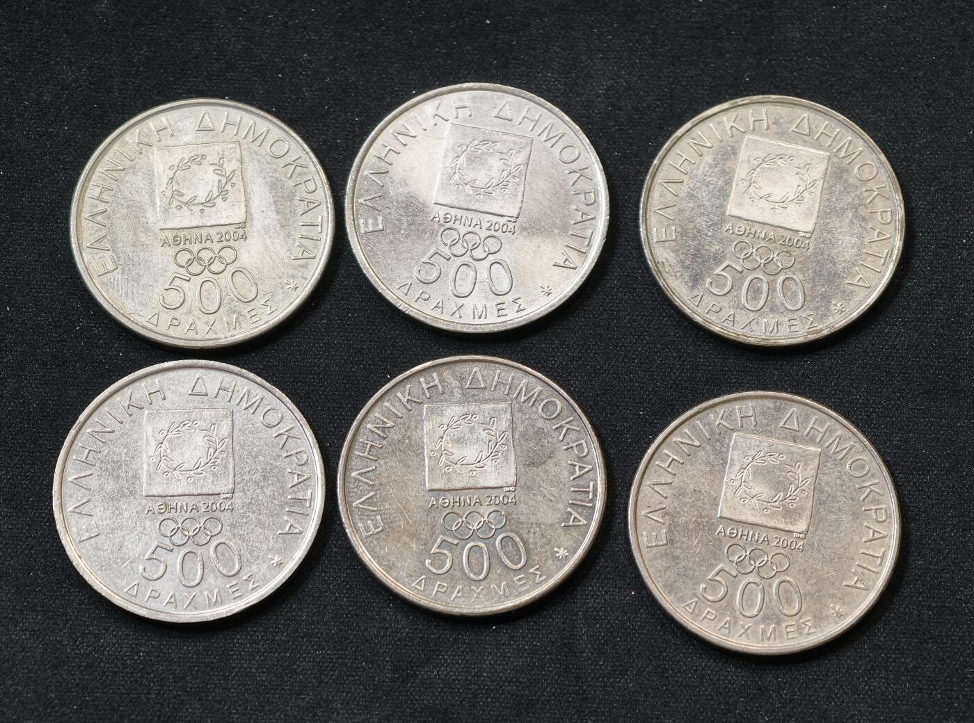 甄臻铺-世界币章拍卖（第55期），3月28日甄品场（直播拍卖）拍品征集中，送拍享返佣金等优惠多多 2004希腊雅典奥运会纪念币 500德拉马克硬币6枚全套 个人集藏 品相极佳