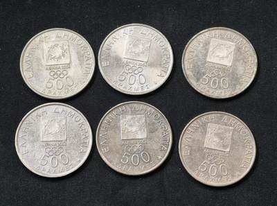 甄臻铺-世界币章拍卖（第55期），3月28日甄品场（直播拍卖）拍品征集中，送拍享返佣金等优惠多多 - 2004希腊雅典奥运会纪念币 500德拉马克硬币6枚全套 个人集藏 品相极佳