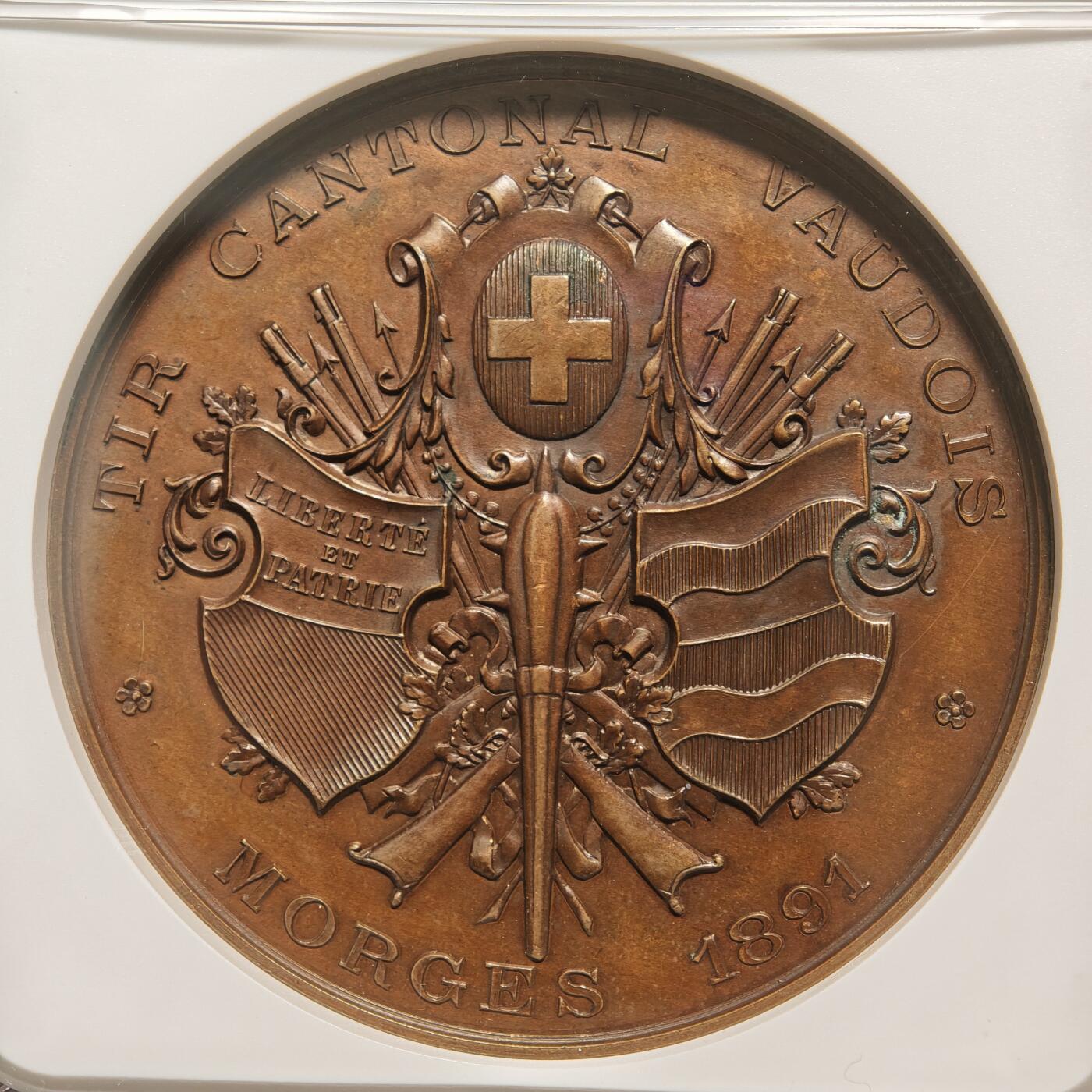 【德藏】世界币章拍卖第168期（拍品征集中~欢迎藏友联系） 1891年 瑞士沃州射击节高浮雕纪念铜章 NGC MS64BN 浮雕感极强 包浆温润