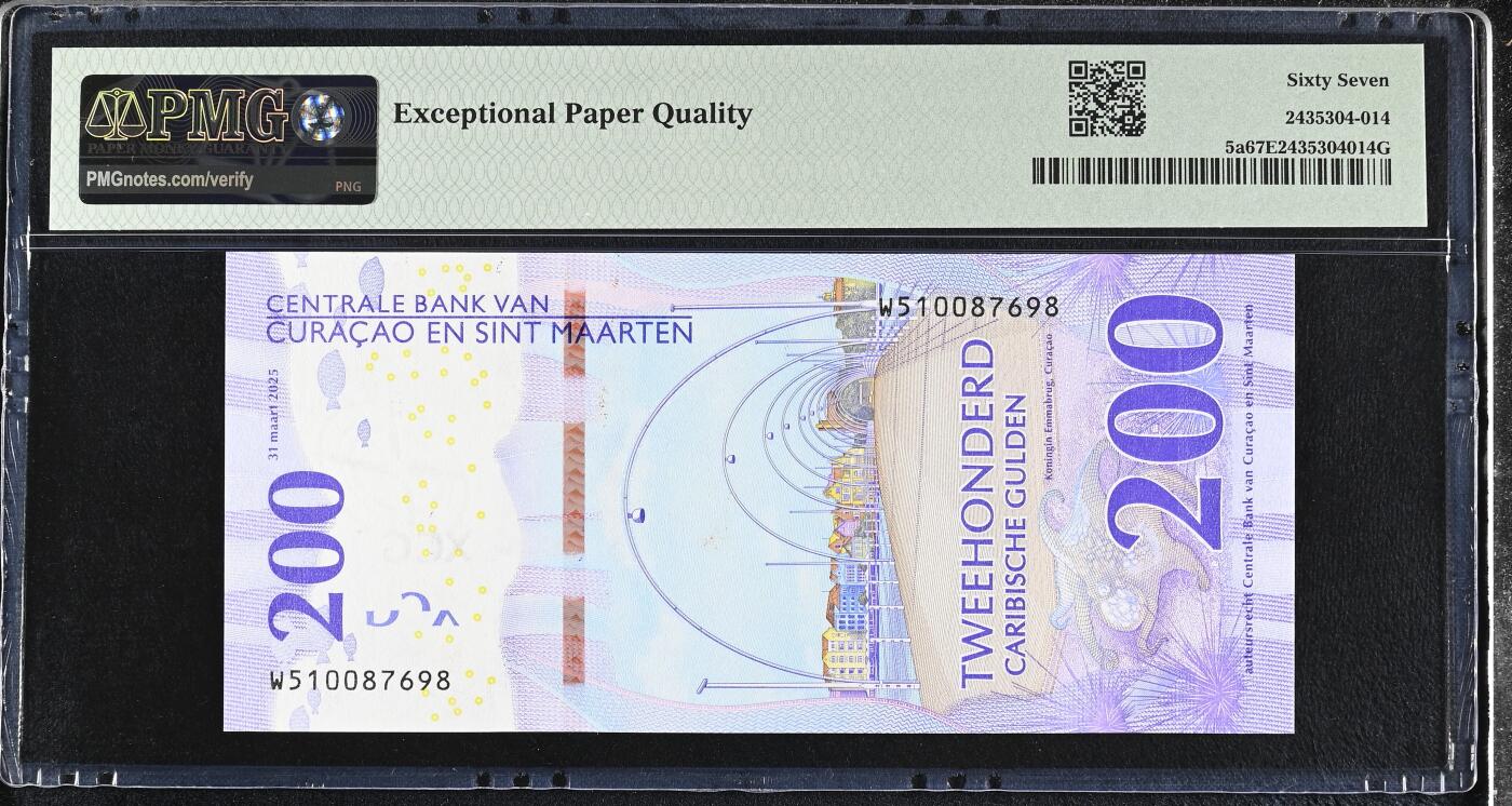 《艾美收藏》第237期-3.22周日外币强钞白金场 库拉索和圣马丁2025年首发W5冠200盾PMG67E季军分万位小号无4 海马 今年IBNS世界最佳纸币获奖钞大热品种 Pick#5a 库拉索量少难上分 如获奖价格必定大涨