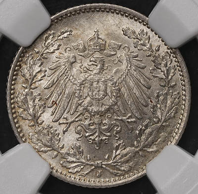 修遠堂世界钱币第108期 - NGC MS66 1915年德国1/2马克银币，J厂铭