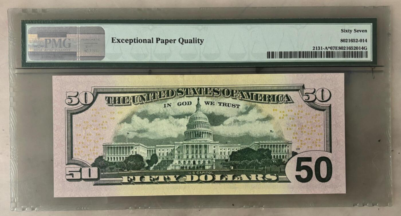 《艾美收藏》第237期-3.22周日外币强钞白金场 2009年彩版50美元星补号PMG67E亚军分 冠军68分仅5张 老壳严评