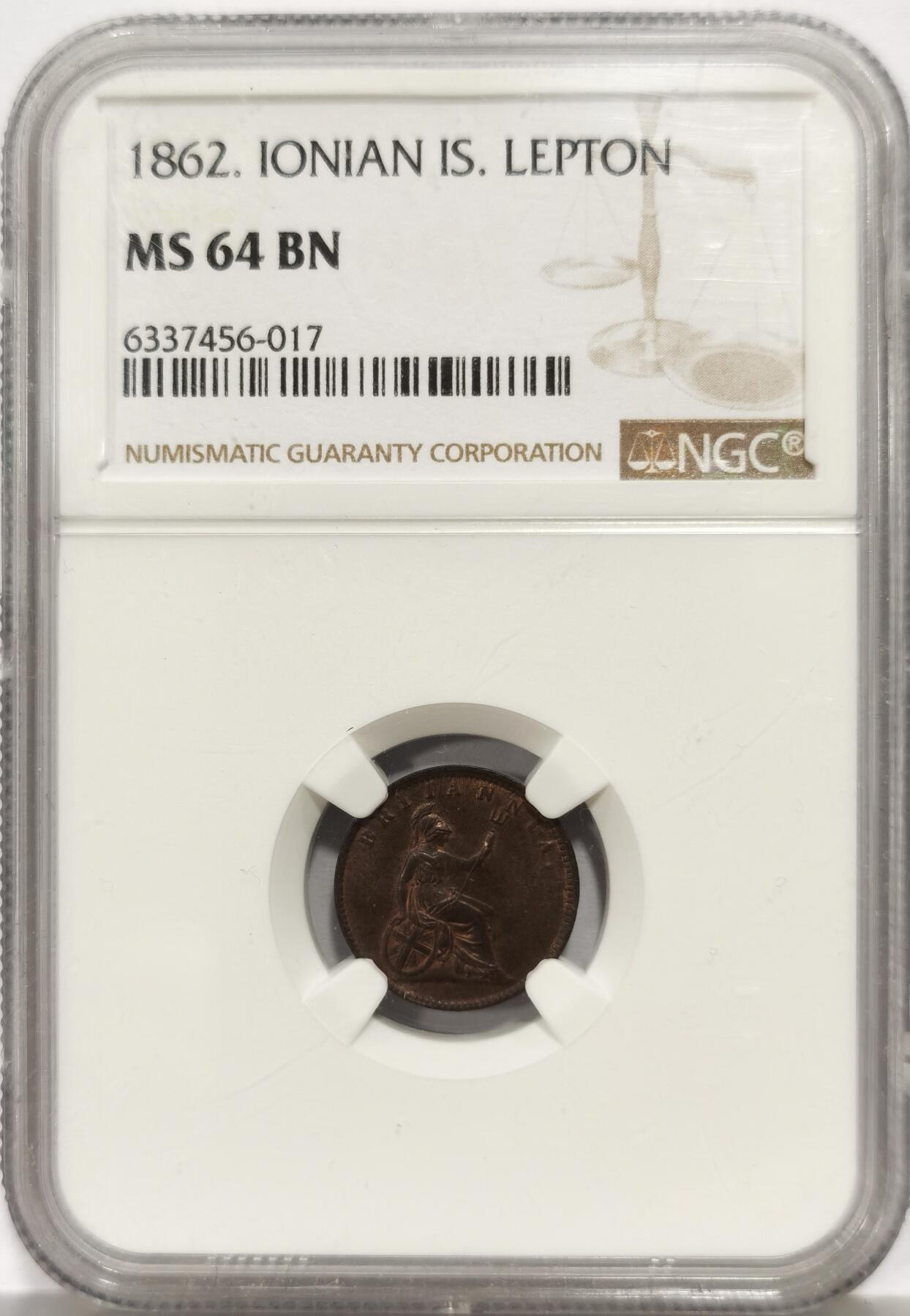 博洋堂世界钱币拍卖第165期（全场包邮） NGC MS64BN 爱奥尼亚群岛1862年1勒普顿铜币，爱奥尼亚群岛位于希腊西部，当时是英国的受保护国，名为“爱奥尼亚联邦”，非常少见的品种