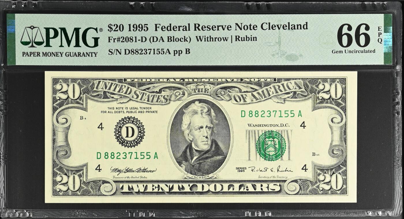 《艾美收藏》第237期-3.22周日外币强钞白金场 1995年小头版20美元稀少克利夫兰首发A冠PMG66E亚军分无4 冠军67分仅1张