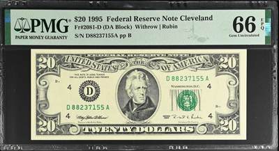 《艾美收藏》第237期-3.22周日外币强钞白金场 - 1995年小头版20美元稀少克利夫兰首发A冠PMG66E亚军分无4 冠军67分仅1张