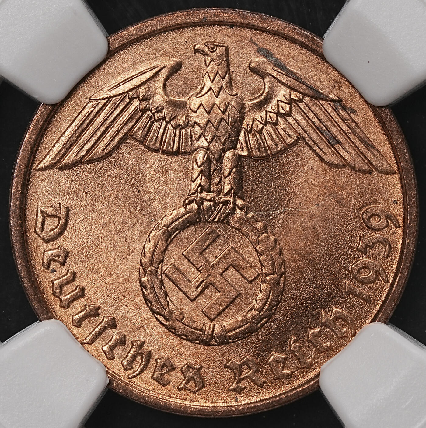 修遠堂世界钱币第108期 NGC MS65RD 1939年德国2芬尼铜币 RD难得 D厂铭