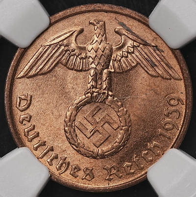 修遠堂世界钱币第108期 - NGC MS65RD 1939年德国2芬尼铜币 RD难得 D厂铭