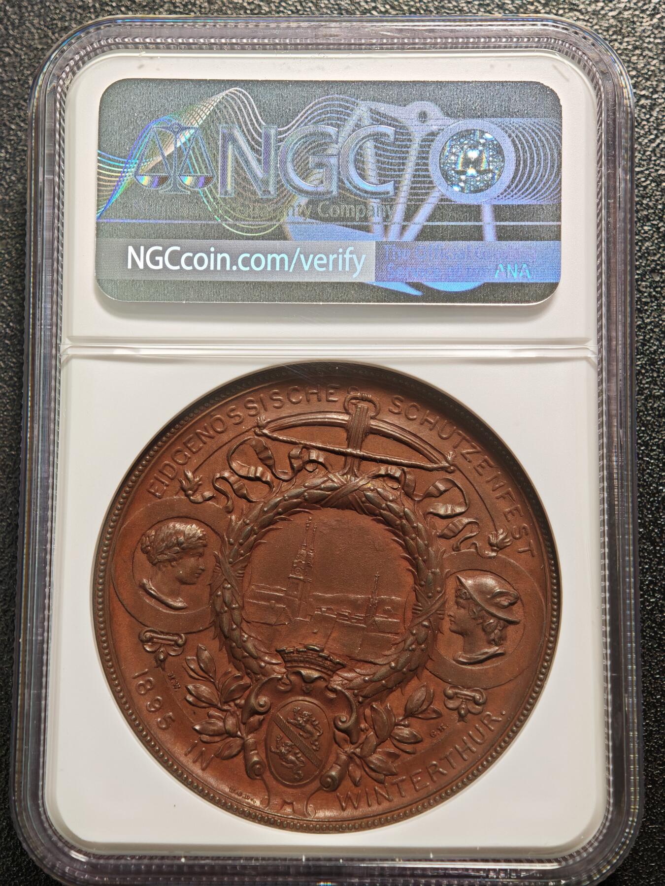 【德藏】世界币章拍卖第168期（拍品征集中~欢迎藏友联系） 1895年 瑞士温特图尔射击节女神纪念铜章 NGC MS62BN 瑞士射击节必备经典品种 包浆温润 状态极佳