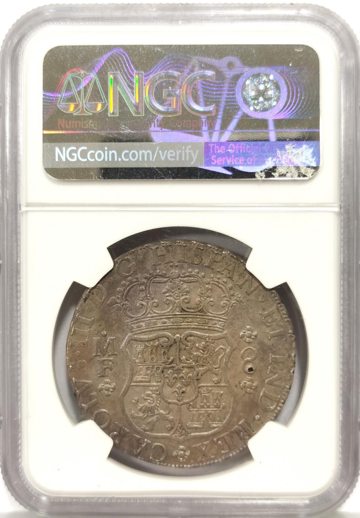 博洋堂世界钱币拍卖第165期（全场包邮） NGC UNC 西属墨西哥1766年MO MF卡洛斯三世地球双柱8R银币，双面打制佳，仅有一个很小的验银戳