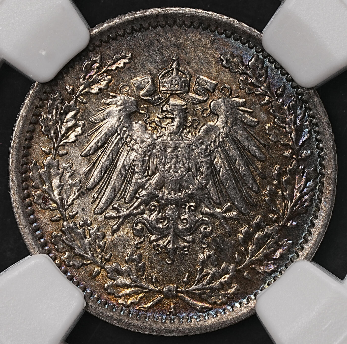 修遠堂世界钱币第108期 NGC MS64 1918年德国1/2马克银币 A厂铭 黑五彩