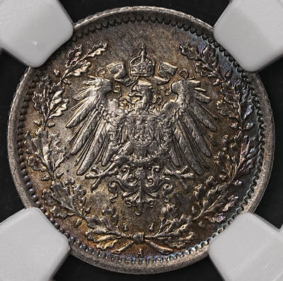 修遠堂世界钱币第108期 - NGC MS64 1918年德国1/2马克银币 A厂铭 黑五彩