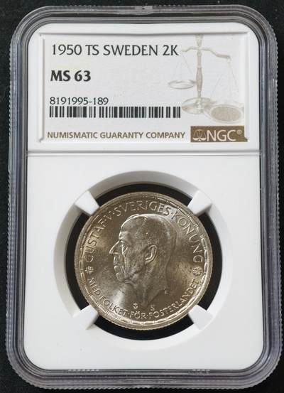 甄臻铺-世界币章拍卖（第55期），3月28日甄品场（直播拍卖）拍品征集中，送拍享返佣金等优惠多多 - NGC-MS63 1950年瑞典2克朗