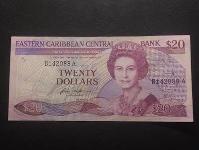 2026三月第三期，总第220期 - 东加勒比共同体1985版20元AUNC有针孔 早期地图上无安圭拉地名版本 安提瓜和巴布达发行