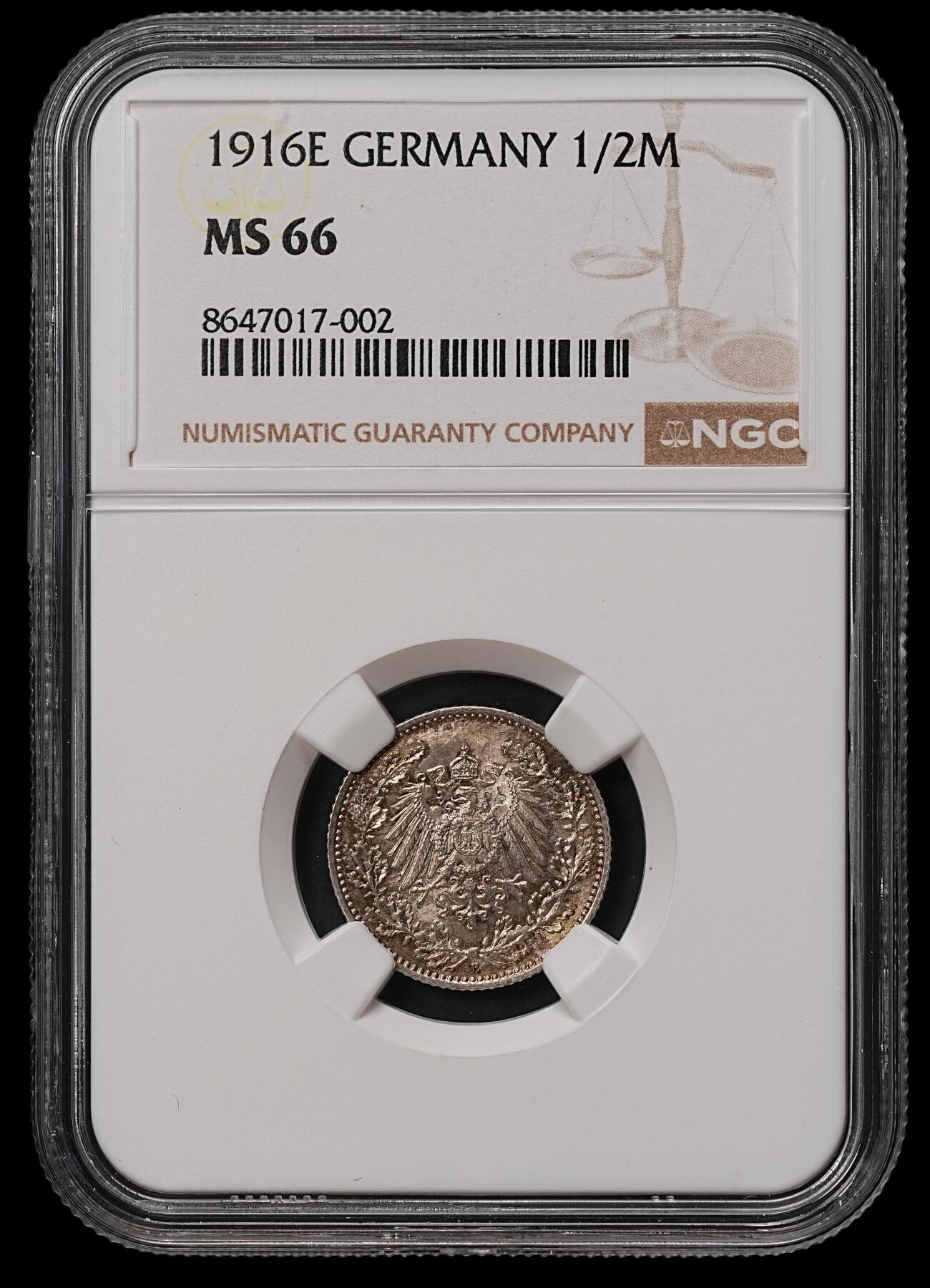 修遠堂世界钱币第108期 NGC MS66 1916年德国1/2马克马克银币 E厂铭