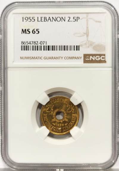 博洋堂世界钱币拍卖第165期（全场包邮） - NGC MS65 黎巴嫩1955年2.5皮阿斯特铜币