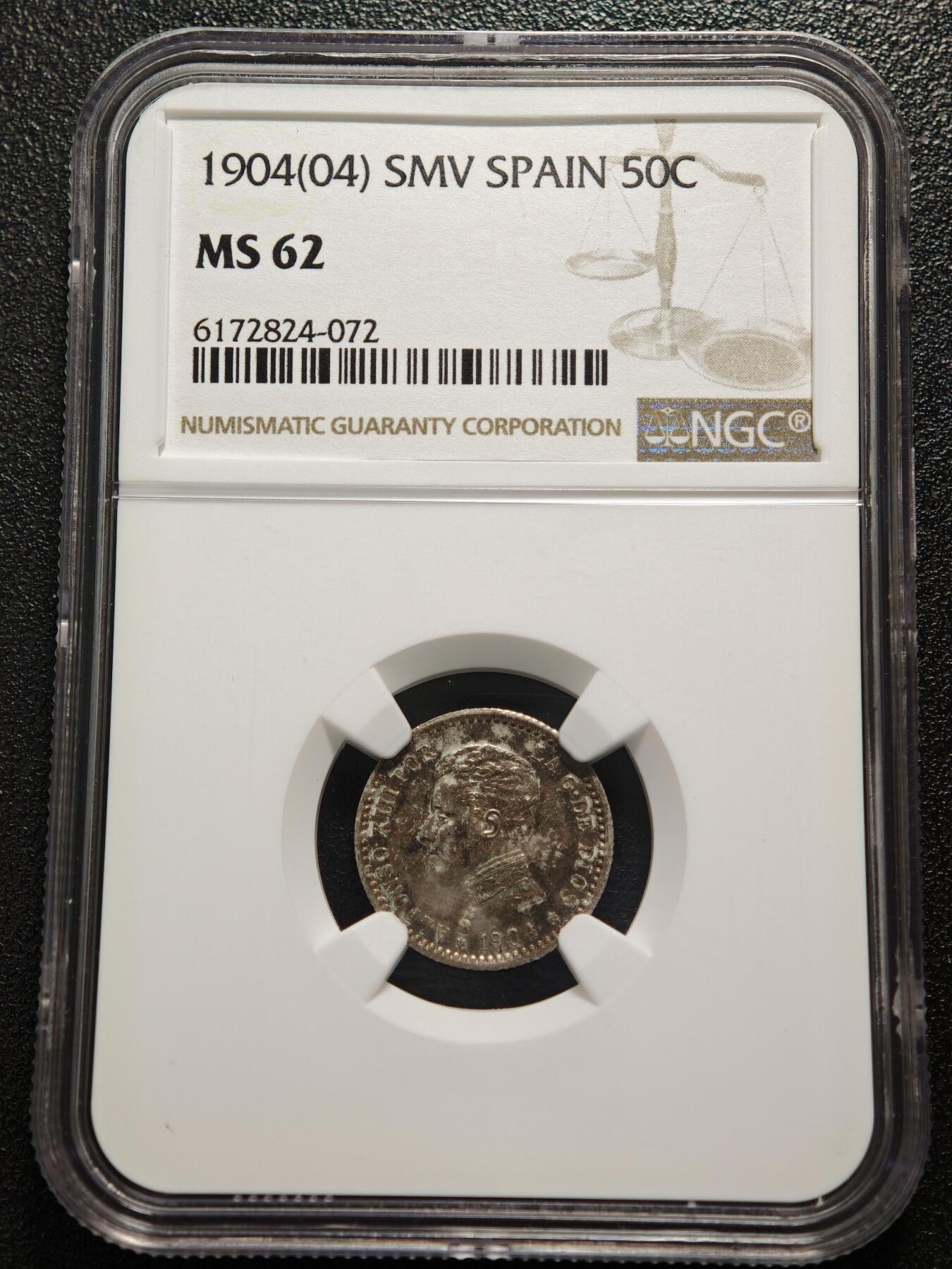 【德藏】世界币章拍卖第168期（拍品征集中~欢迎藏友联系） 1904年 西班牙阿方索十三世50分银币 NGC MS62 深彩包浆