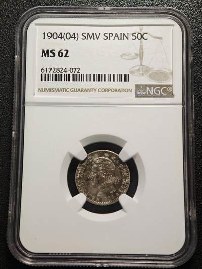 【德藏】世界币章拍卖第168期（拍品征集中~欢迎藏友联系） - 1904年 西班牙阿方索十三世50分银币 NGC MS62 深彩包浆
