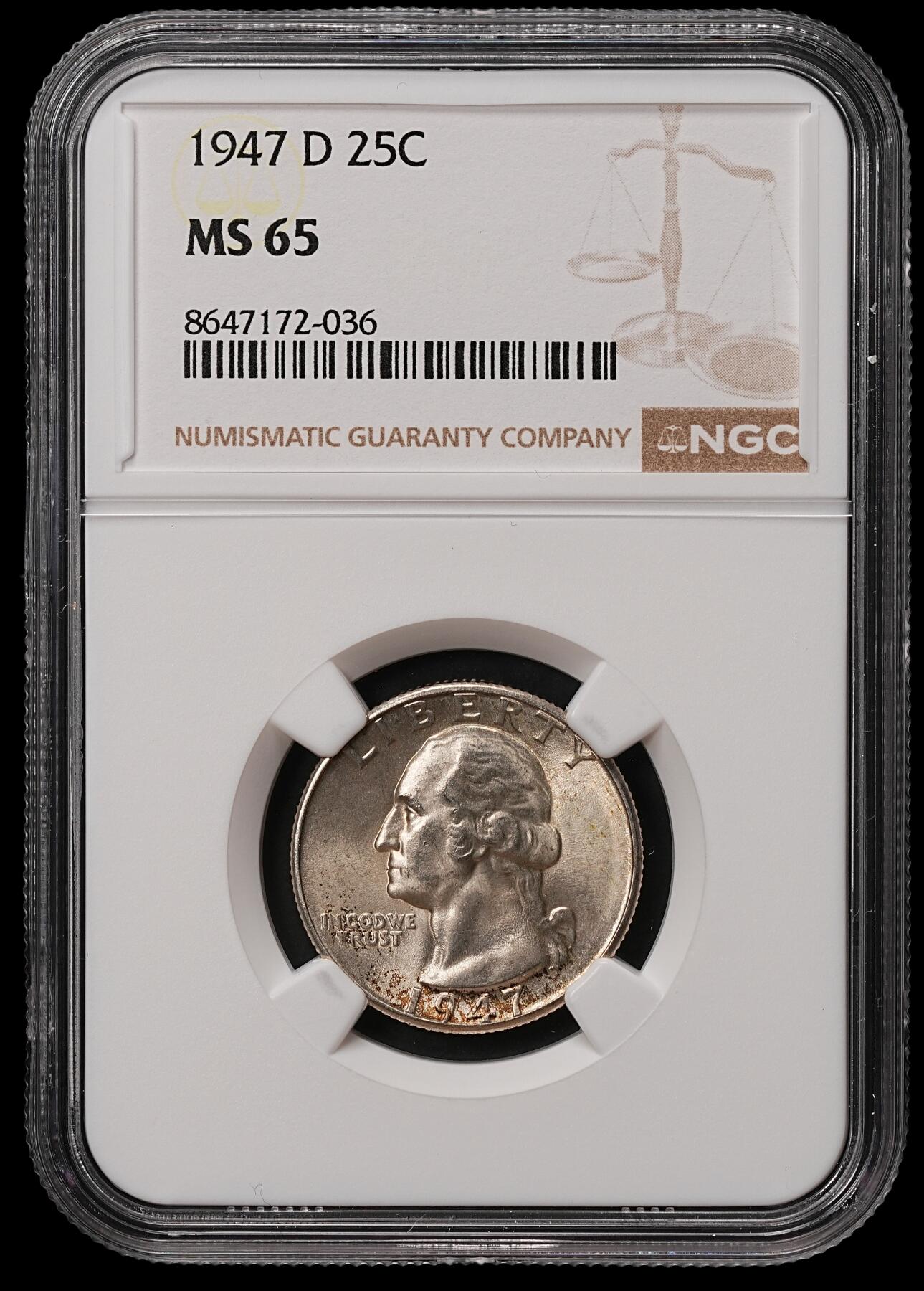 修遠堂世界钱币第108期 NGC MS65 1947年美国25美分银币，D厂铭