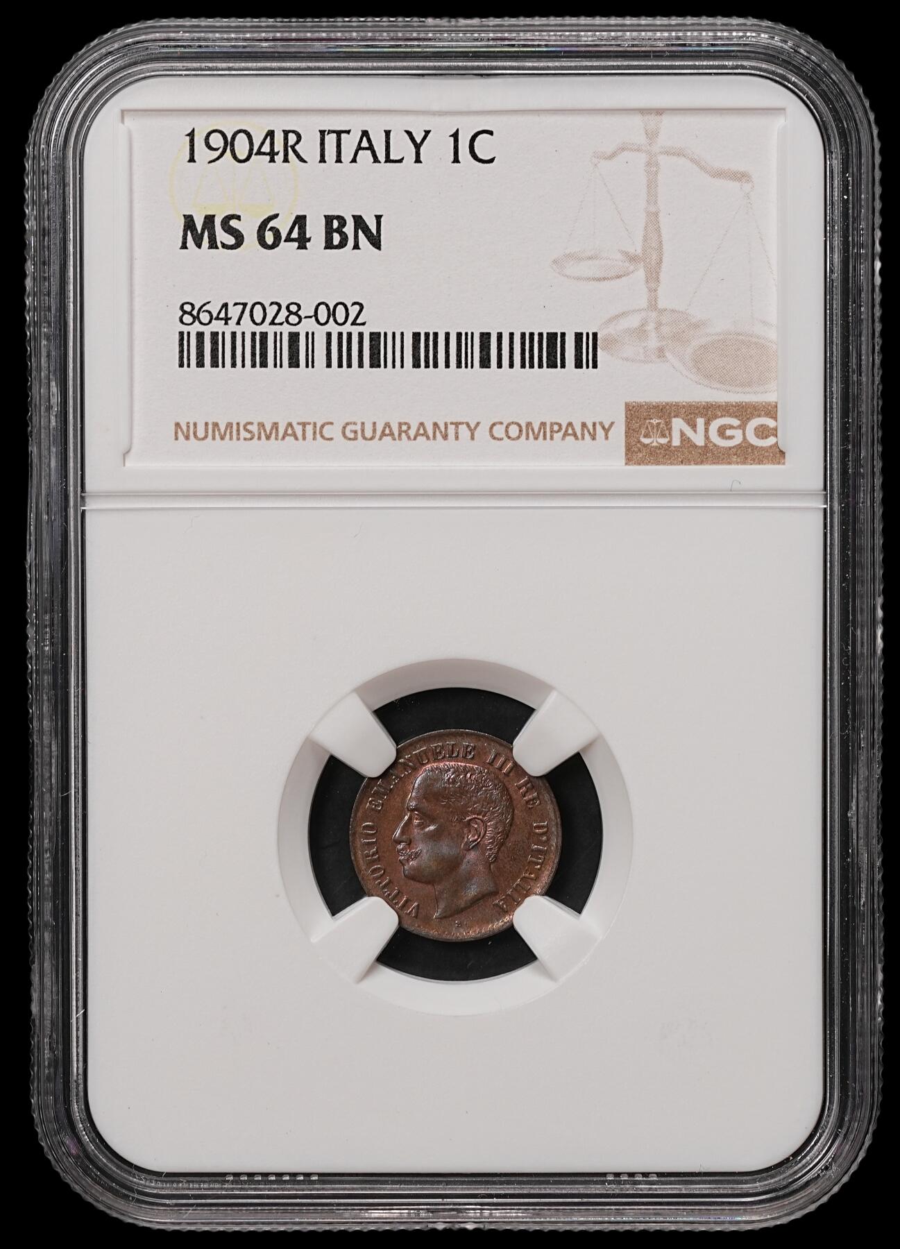 修遠堂世界钱币第108期 NGC MS64BN 1904年意大利1分铜币