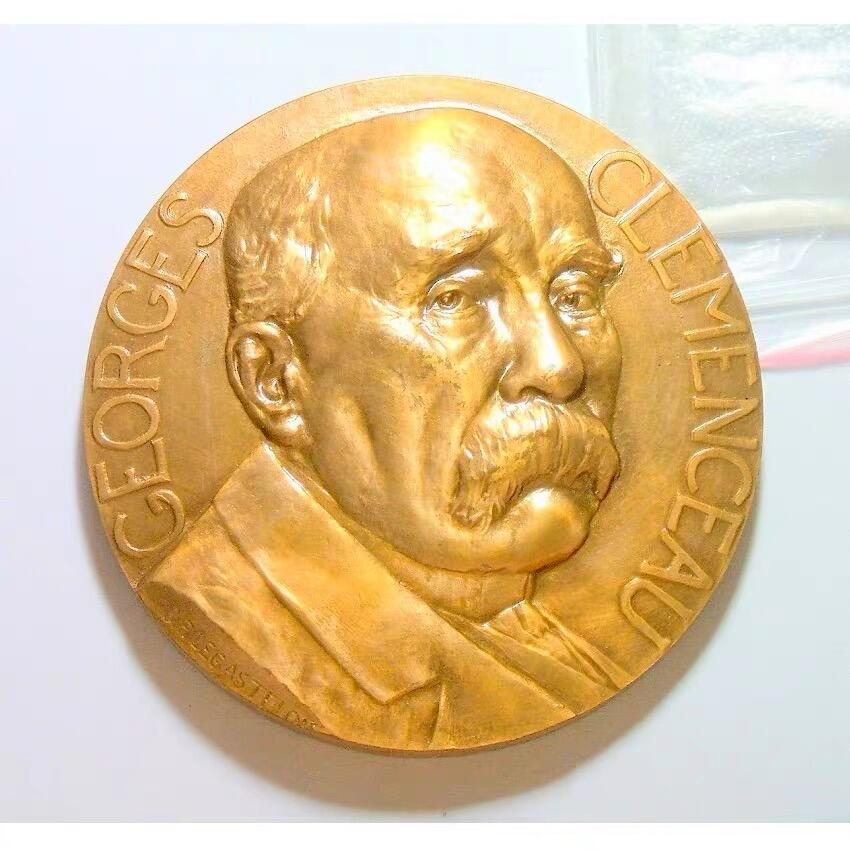 【旋风钱币】3月28日19:00准时开拍 精美欧洲币章、银币银章、第三帝国钱币等 全场包邮！ 【艺术】可评级 法国艺术大章1918年一战克里孟梭视察前线 高浮雕精制超大铜章 70MM 171克