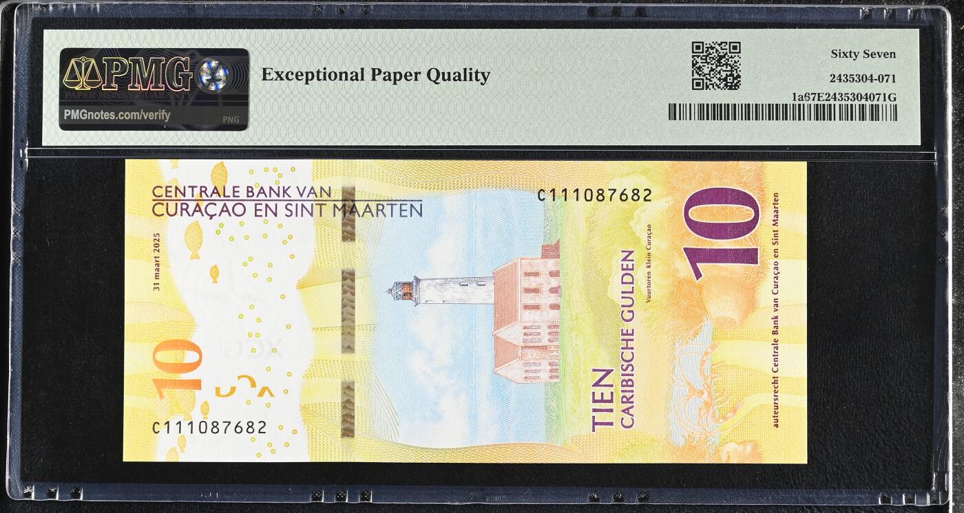 《艾美收藏》第237期-3.22周日外币强钞白金场 库拉索和圣马丁2025年首发C1冠10盾PMG67E亚军分无4 神仙鱼 实物漂亮