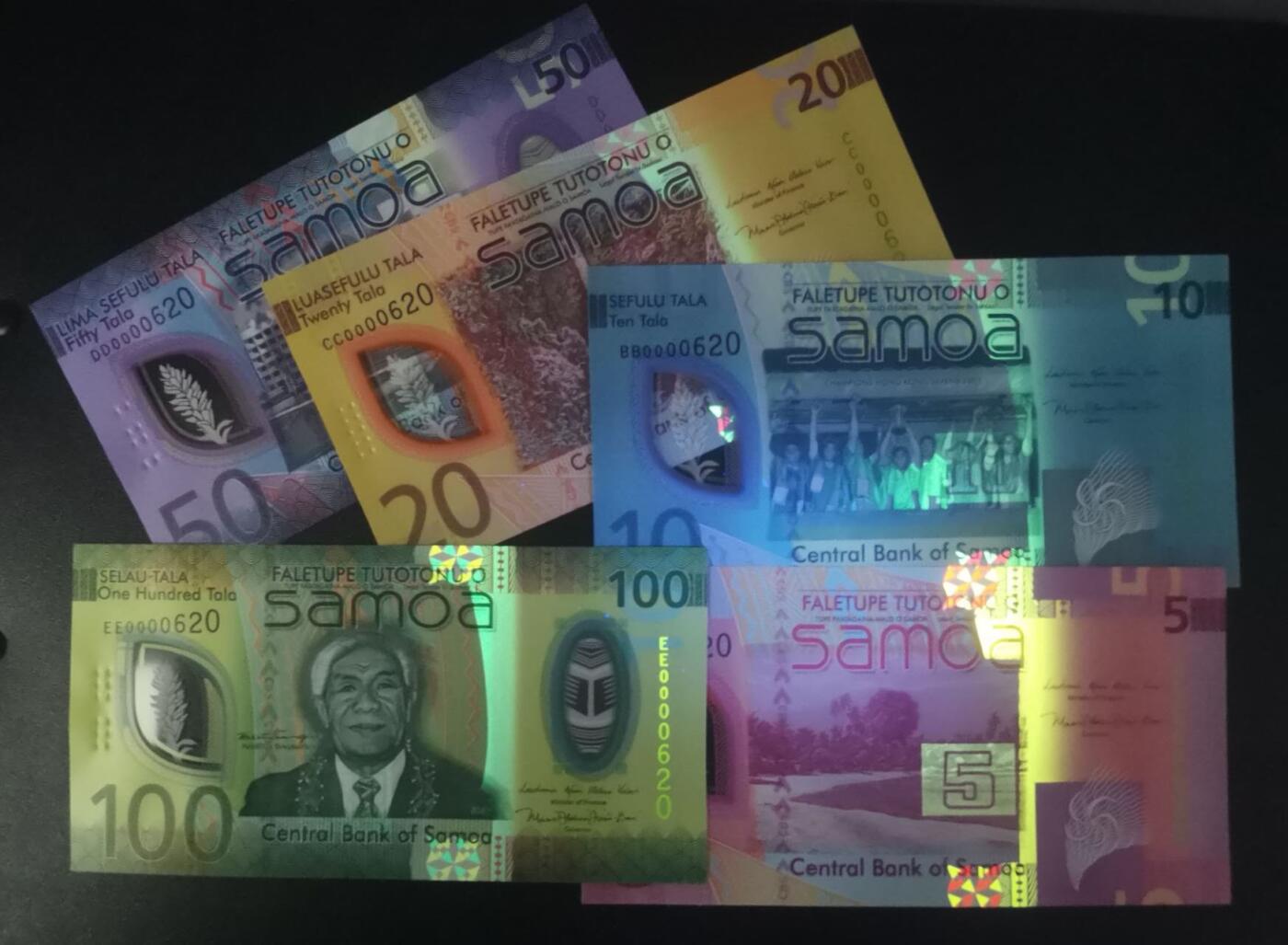 《艾美收藏》第237期-3.22周日外币强钞白金场 (5张全同百位620号全偶)萨摩亚23/25年首发AA/BB/CC/DD/EE冠5/10/20/50/100塔拉UNC绝品
