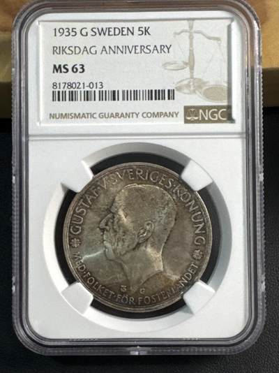 ❤️【币观天下】❤️ 第345期钱币拍卖场- 2026.3.20周五晚上6点半场 长期征集拍品  - 瑞典1935年殖民500周年5克朗Ag 800·25g NGC MS63