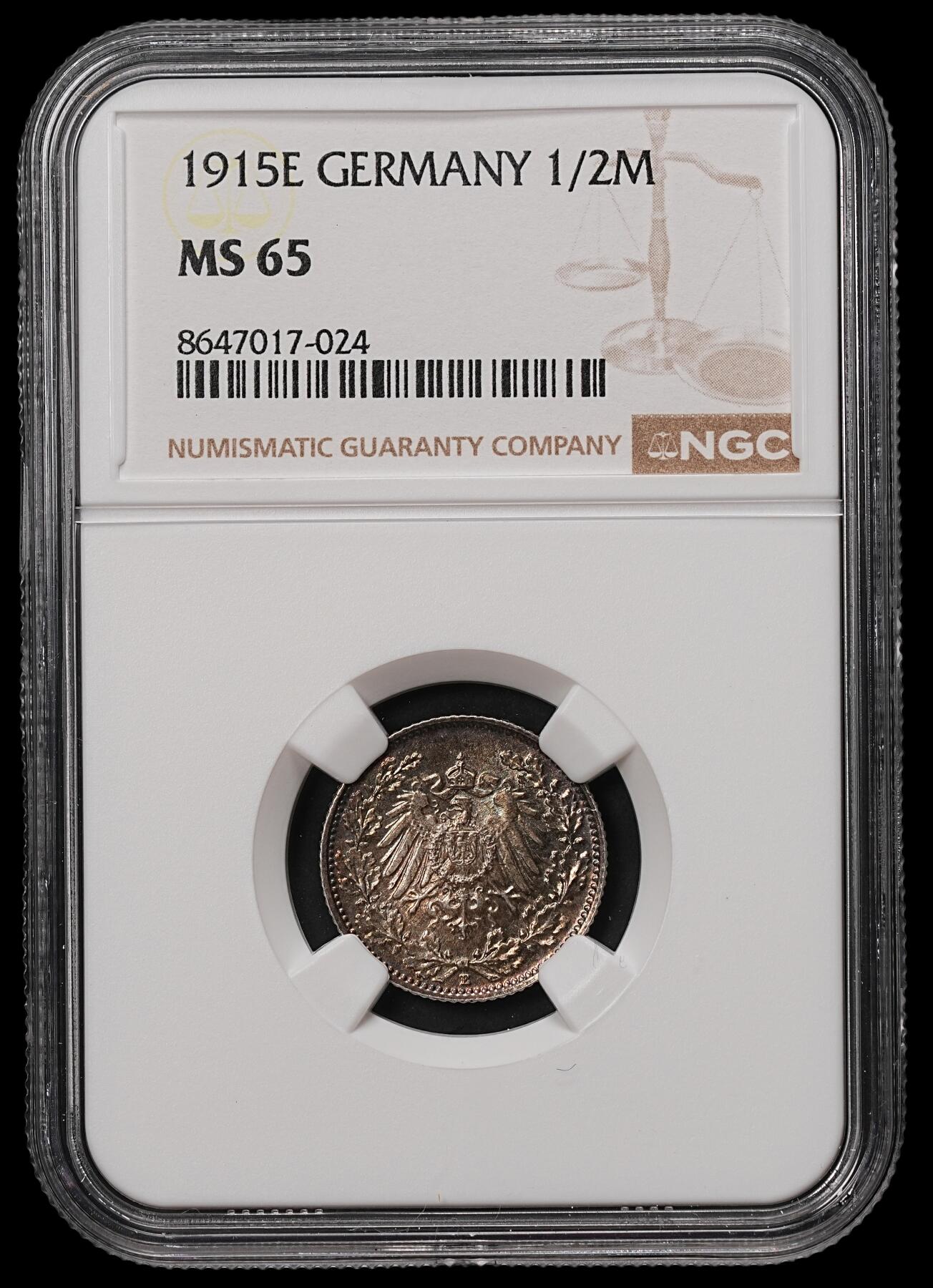 修遠堂世界钱币第108期 NGC MS65 1915年德国1/2马克银币，E厂铭，黑彩