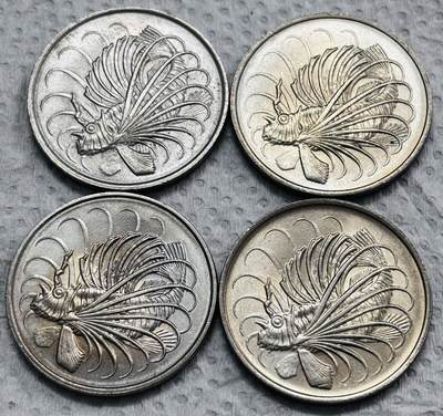 文馨钱币收藏第 297 场，银币，古钱币，铜元场，长期接代拍业务 - 全新老版新加坡 50 分狮子鱼 4 枚