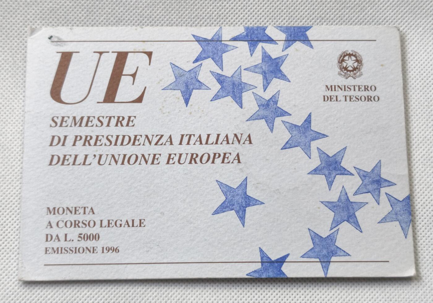 甄臻铺-世界币章拍卖（第55期），3月28日甄品场（直播拍卖）拍品征集中，送拍享返佣金等优惠多多 1996年意大利5000里拉银币，担任欧盟轮值主席，卡装