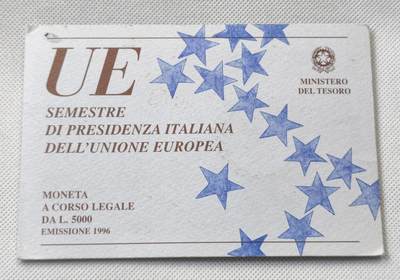 甄臻铺-世界币章拍卖（第55期），3月28日甄品场（直播拍卖）拍品征集中，送拍享返佣金等优惠多多 - 1996年意大利5000里拉银币，担任欧盟轮值主席，卡装