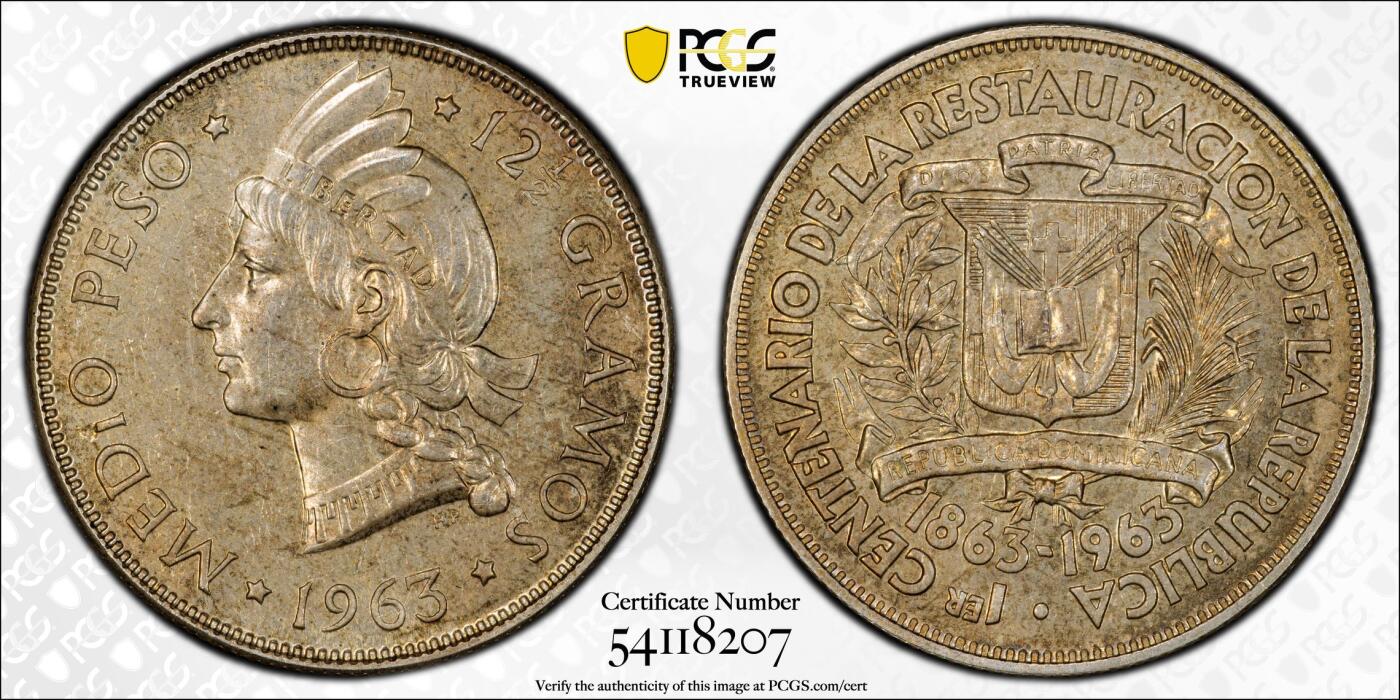 博洋堂世界钱币拍卖第165期（全场包邮） PCGS SP64 多米尼加1963年共和国的恢复纪念1/2比索银币，King's Norton造币厂留厂样币