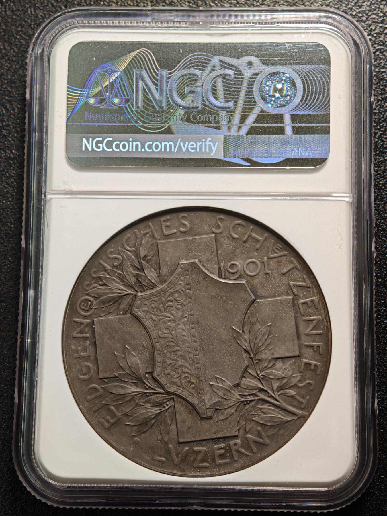 【德藏】世界币章拍卖第168期（拍品征集中~欢迎藏友联系） 1901年 瑞士卢塞恩射击节纪念银章 NGC MS62 原味包浆 磨砂质感 经典品种