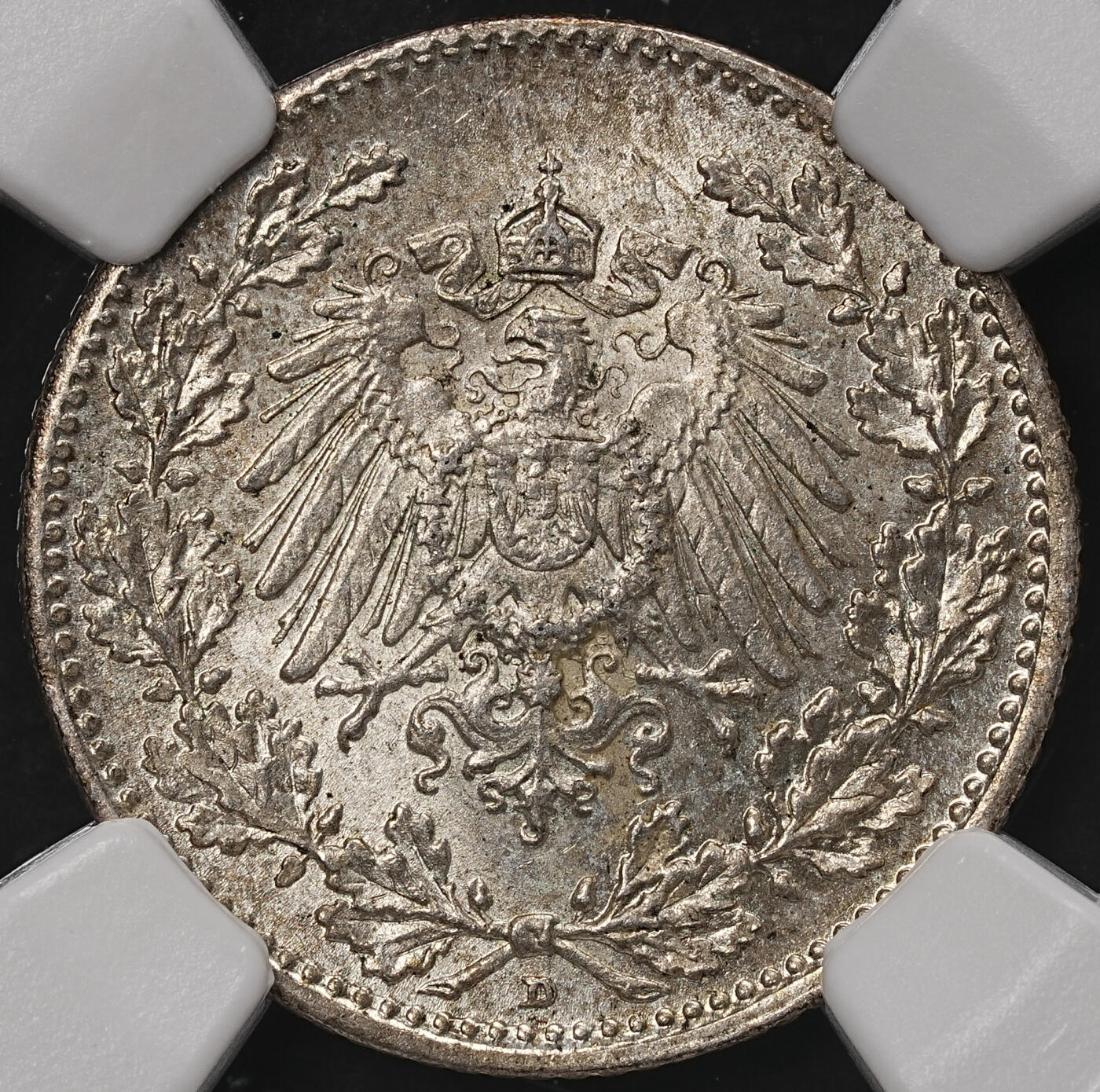 修遠堂世界钱币第108期 NGC MS66 1915年德国1/2马克银币，D厂铭