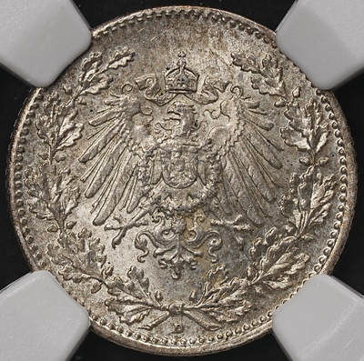 修遠堂世界钱币第108期 - NGC MS66 1915年德国1/2马克银币，D厂铭